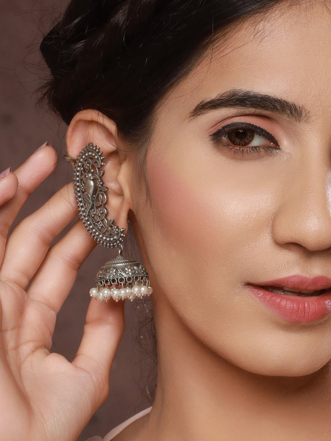 Priyaasi Oxidised Silver Parrot Jhumka Beaded Drop Earcuff Earrings