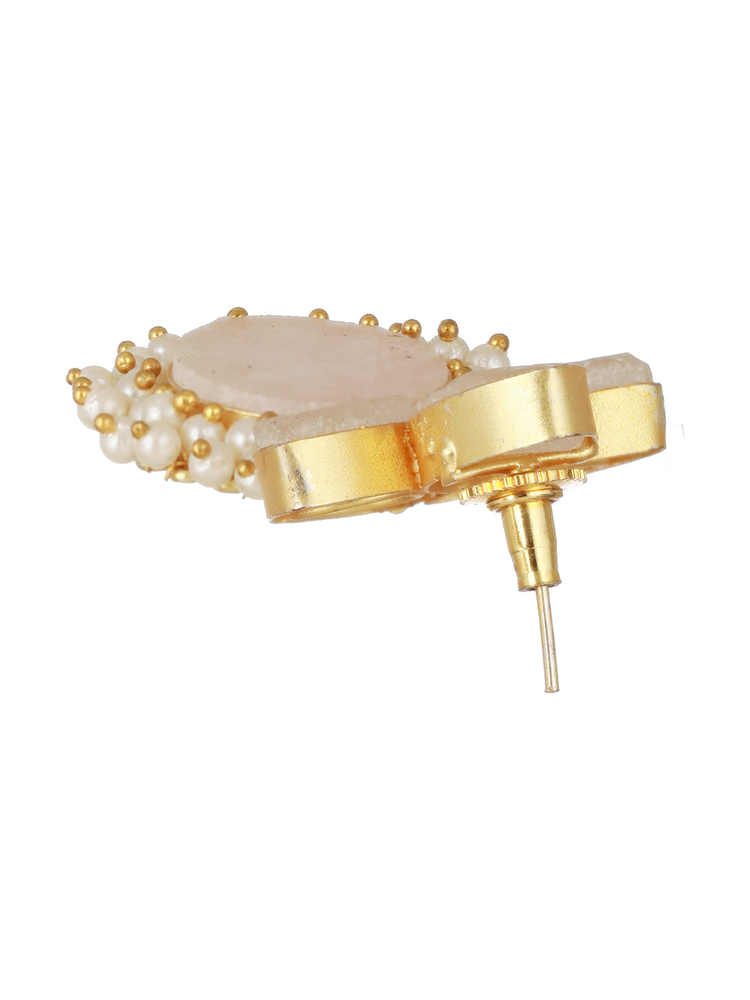 Priyaasi Pink Stone White Bead Floral Gold-Plated Drop Earrings