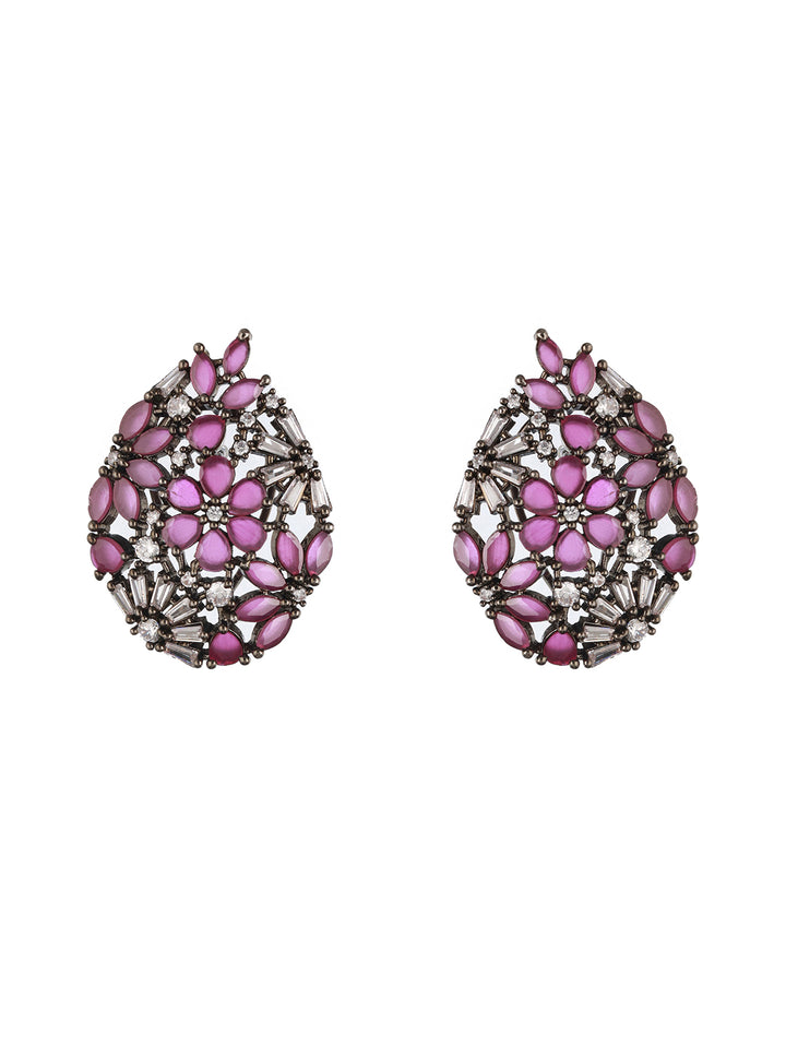 Priyaasi Purple Floral Teardrop American Diamond Silver-Plated Stud Earrings