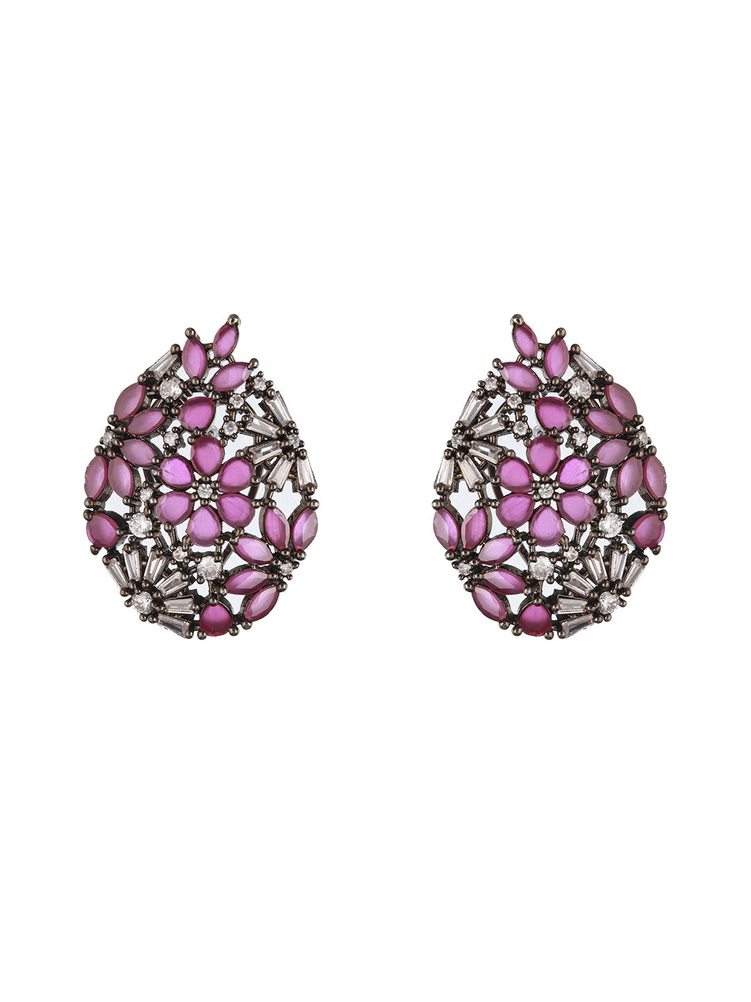 Priyaasi Purple Floral Teardrop American Diamond Silver-Plated Stud Earrings