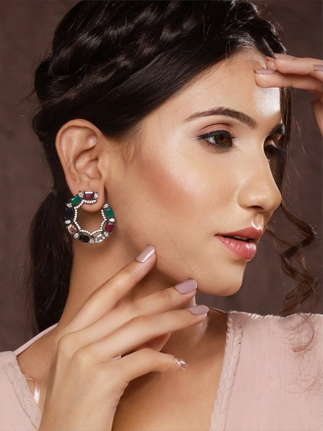 Priyaasi Multicolor Stone Studded AD Geometric Silver-Plated Drop Earrings