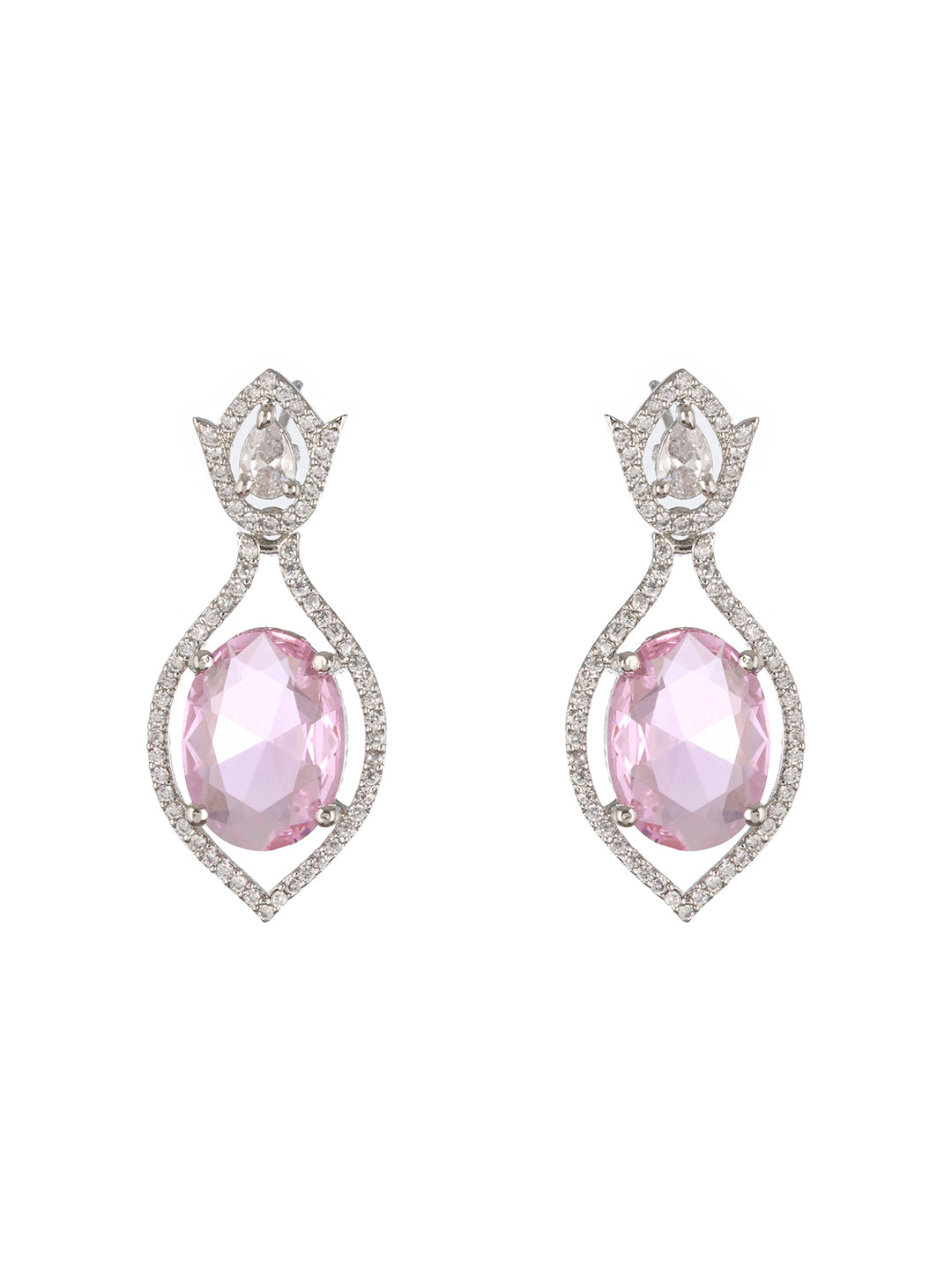 Priyaasi Pink Leaf Bud American Diamond Silver-Plated Drop Earrings