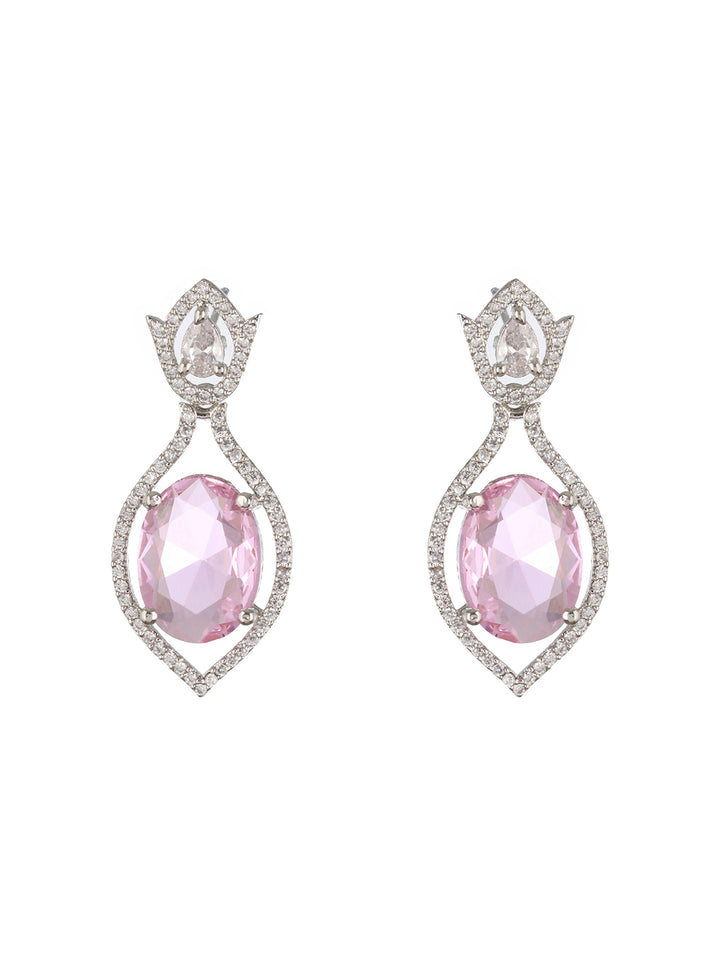 Priyaasi Pink Leaf Bud American Diamond Silver-Plated Drop Earrings