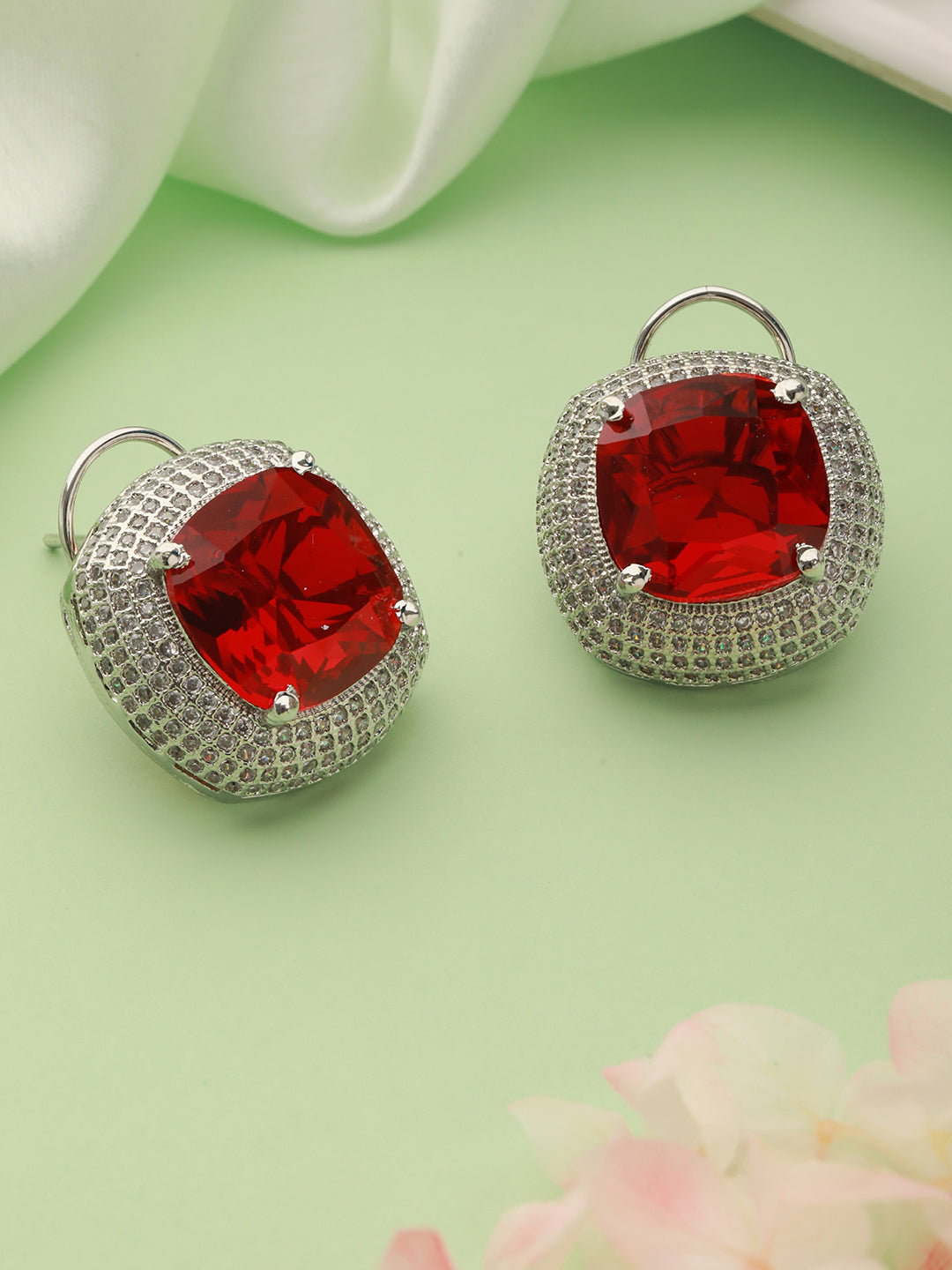 Priyaasi Red Ruby Block American Diamond Silver-Plated Stud Earrings