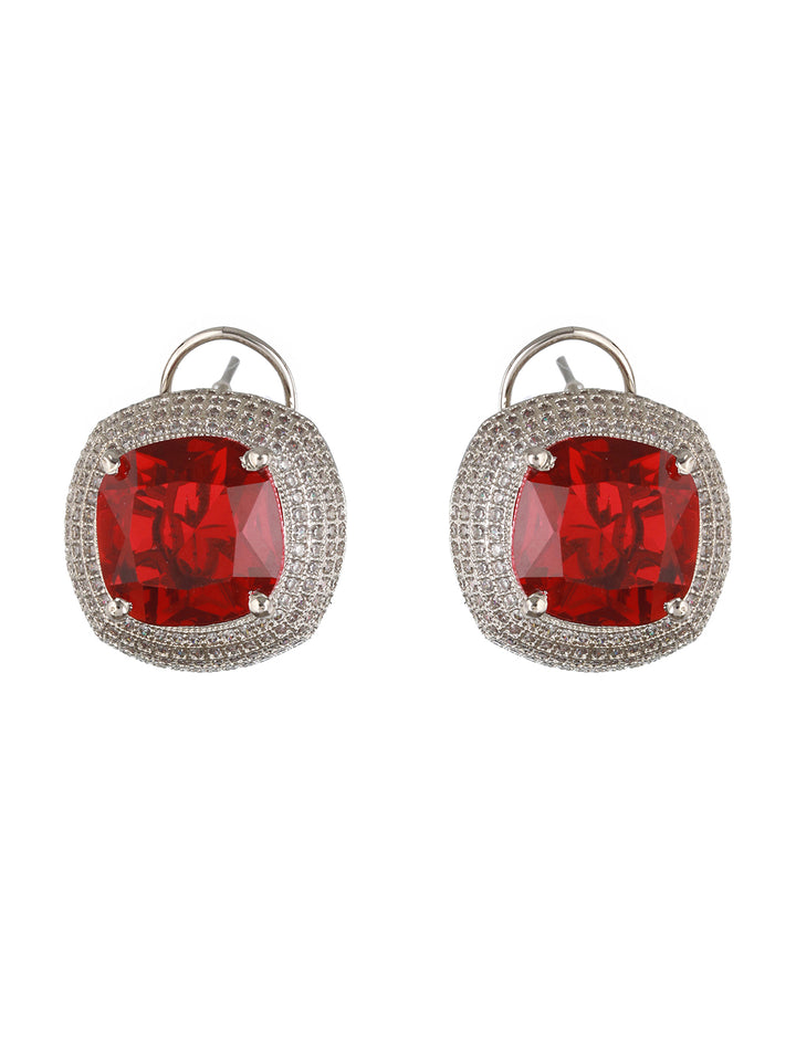 Priyaasi Red Ruby Block American Diamond Silver-Plated Stud Earrings