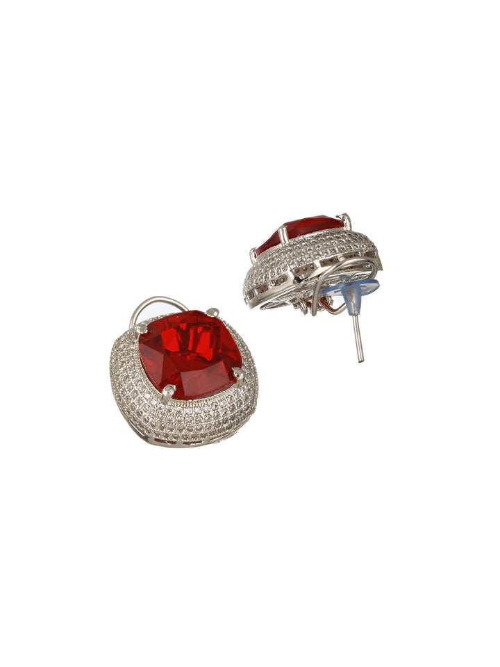 Priyaasi Red Ruby Block American Diamond Silver-Plated Stud Earrings