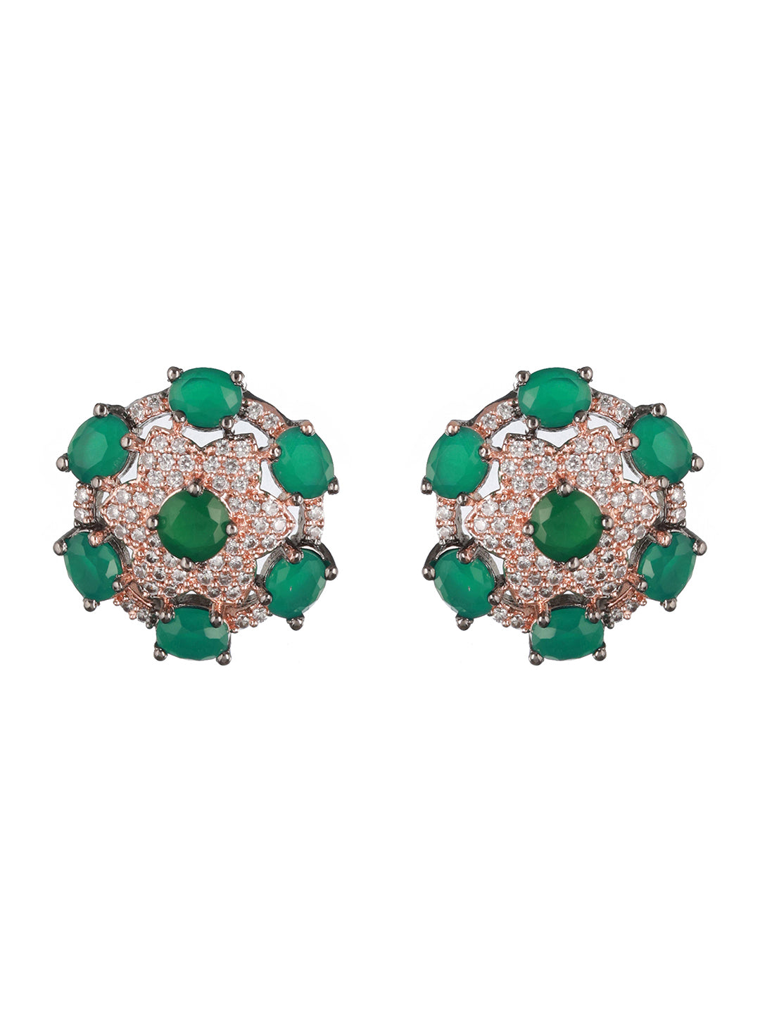 Priyaasi Green Floral American Diamond Rose Gold-Plated Stud Earrings