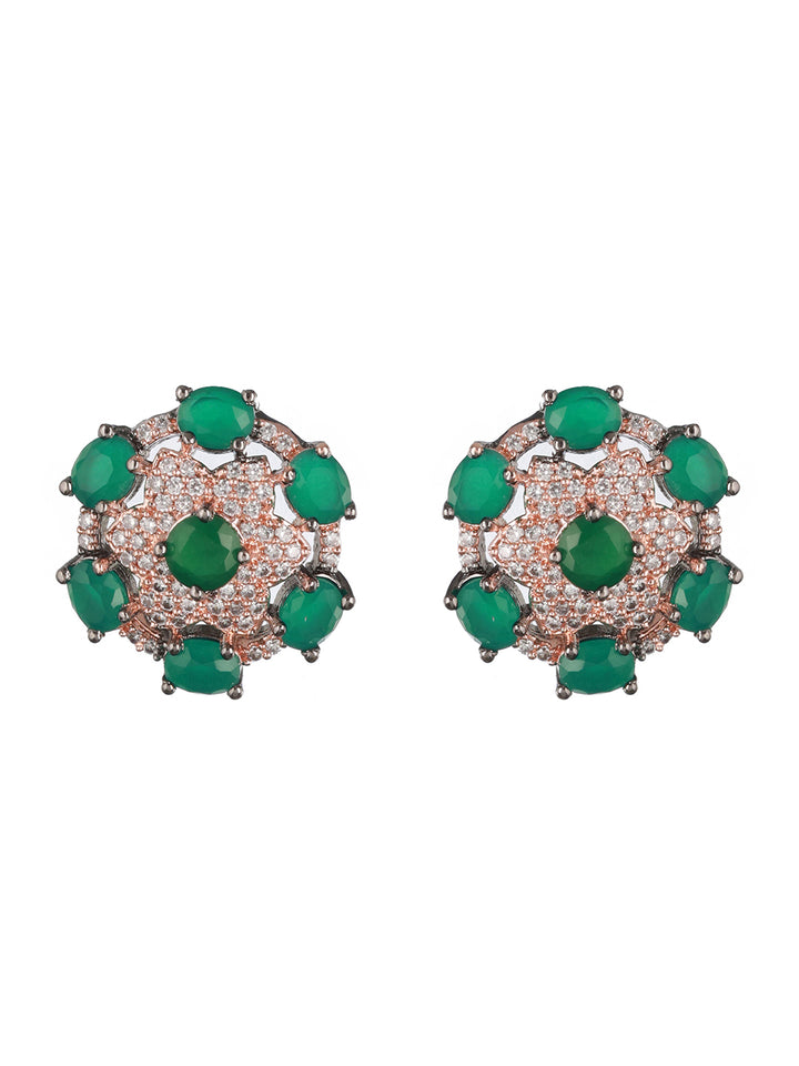 Priyaasi Green Floral American Diamond Rose Gold-Plated Stud Earrings