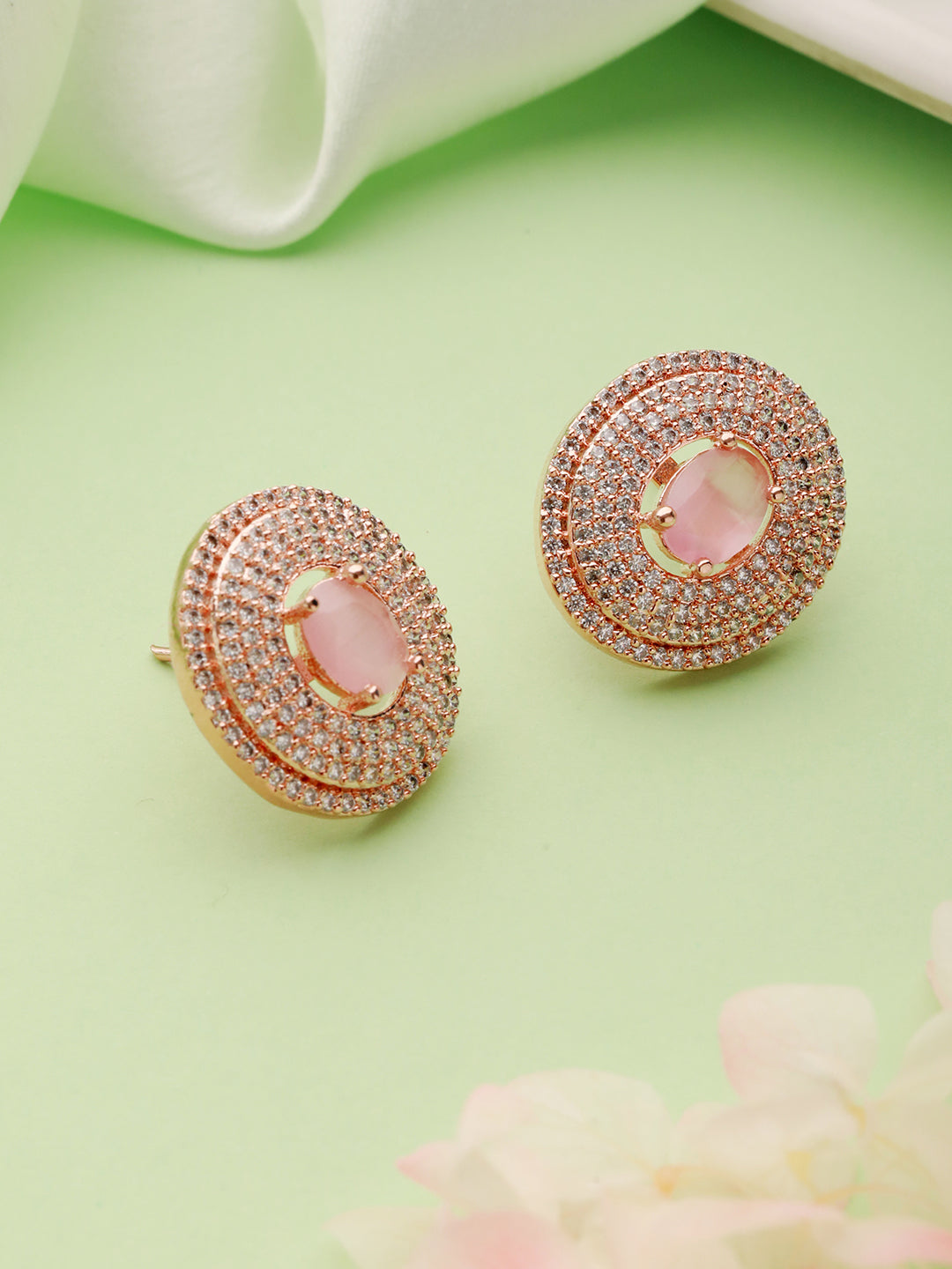 Priyaasi Pink Halo American Diamond Rose Gold-Plated Stud Earrings