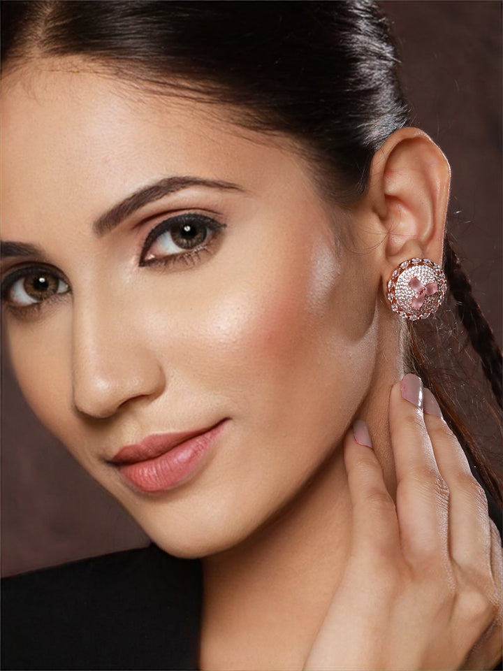 Priyaasi Pink Floral American Diamond Rose Gold-Plated Stud Earrings