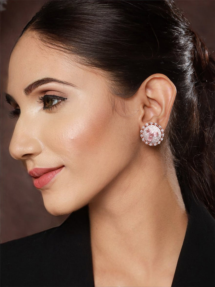 Priyaasi Pink Floral American Diamond Rose Gold-Plated Stud Earrings