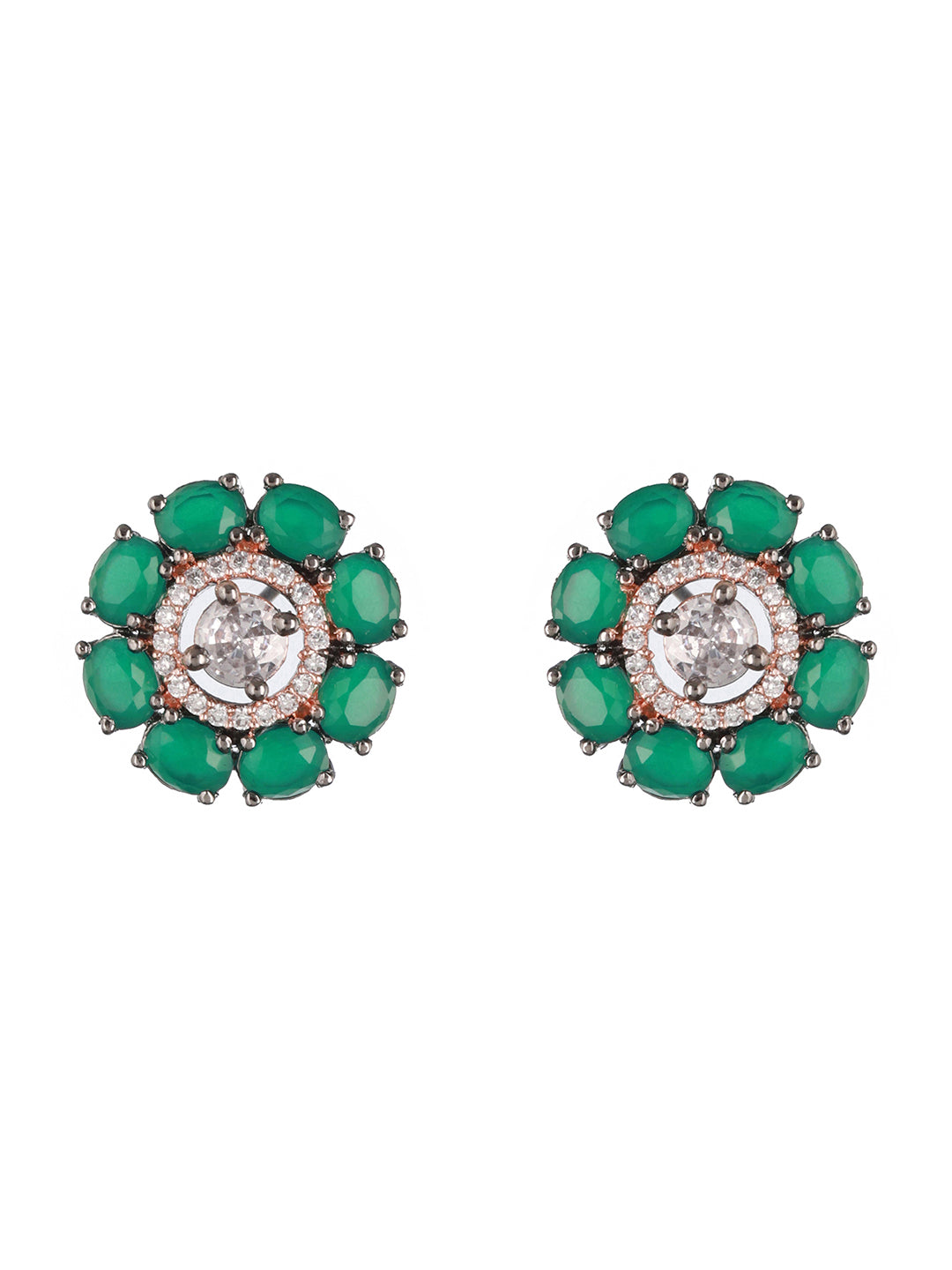 Priyaasi Green Flower American Diamond Rose Gold Silver-Plated Stud Earrings