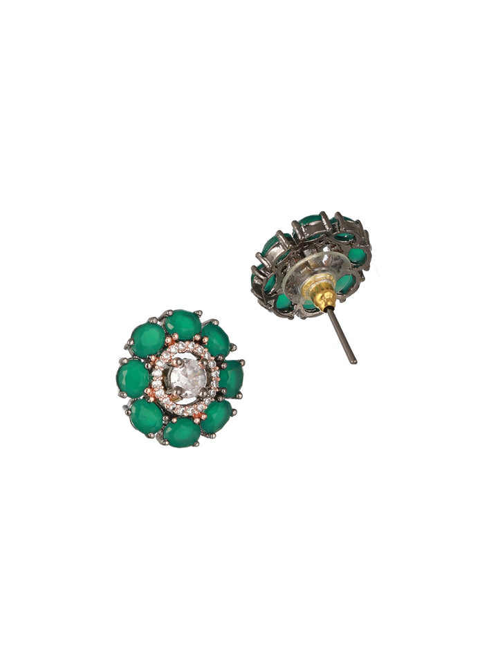 Priyaasi Green Flower American Diamond Rose Gold Silver-Plated Stud Earrings