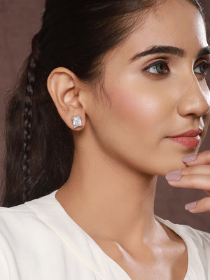 Priyaasi Pearl Block Triangular Silver-Plated Stud Earrings Set