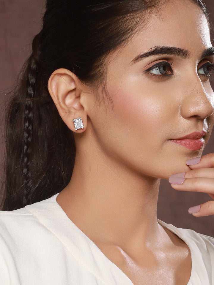 Priyaasi Pearl Block Triangular Silver-Plated Stud Earrings Set