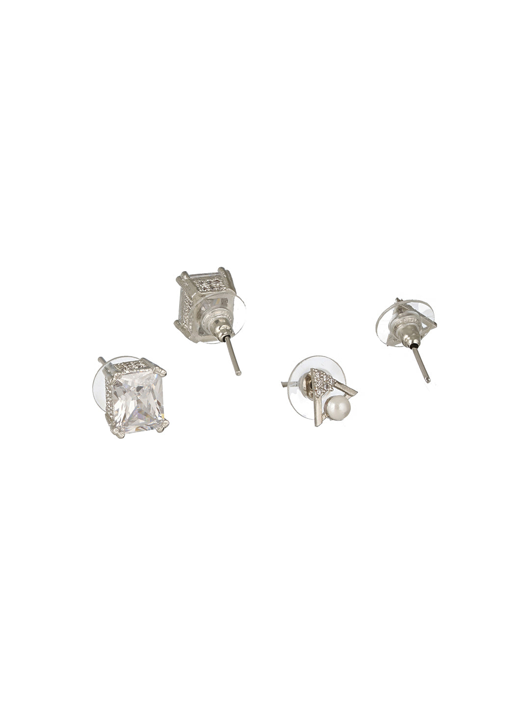 Priyaasi Pearl Block Triangular Silver-Plated Stud Earrings Set