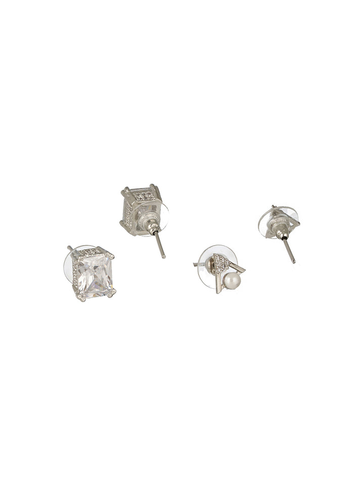 Priyaasi Pearl Block Triangular Silver-Plated Stud Earrings Set