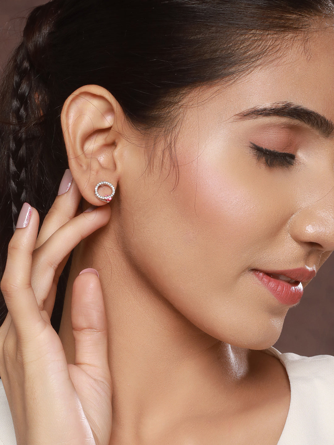 Priyaasi Round Triangle American Diamond Silver-Plated Stud Earrings Set