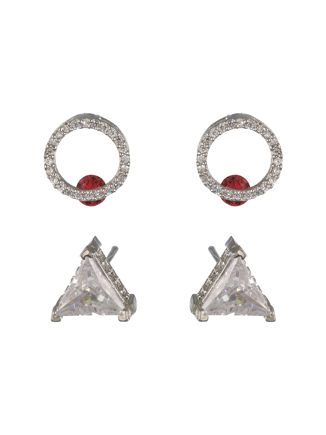 Priyaasi Round Triangle American Diamond Silver-Plated Stud Earrings Set
