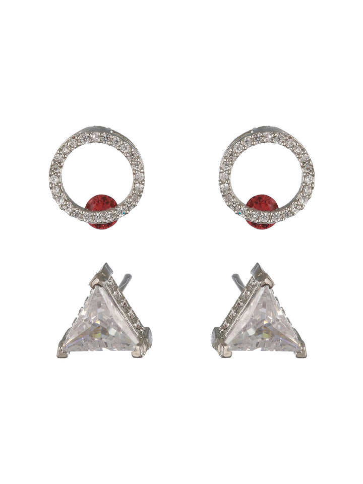 Priyaasi Round Triangle American Diamond Silver-Plated Stud Earrings Set