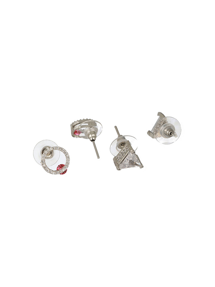 Priyaasi Round Triangle American Diamond Silver-Plated Stud Earrings Set