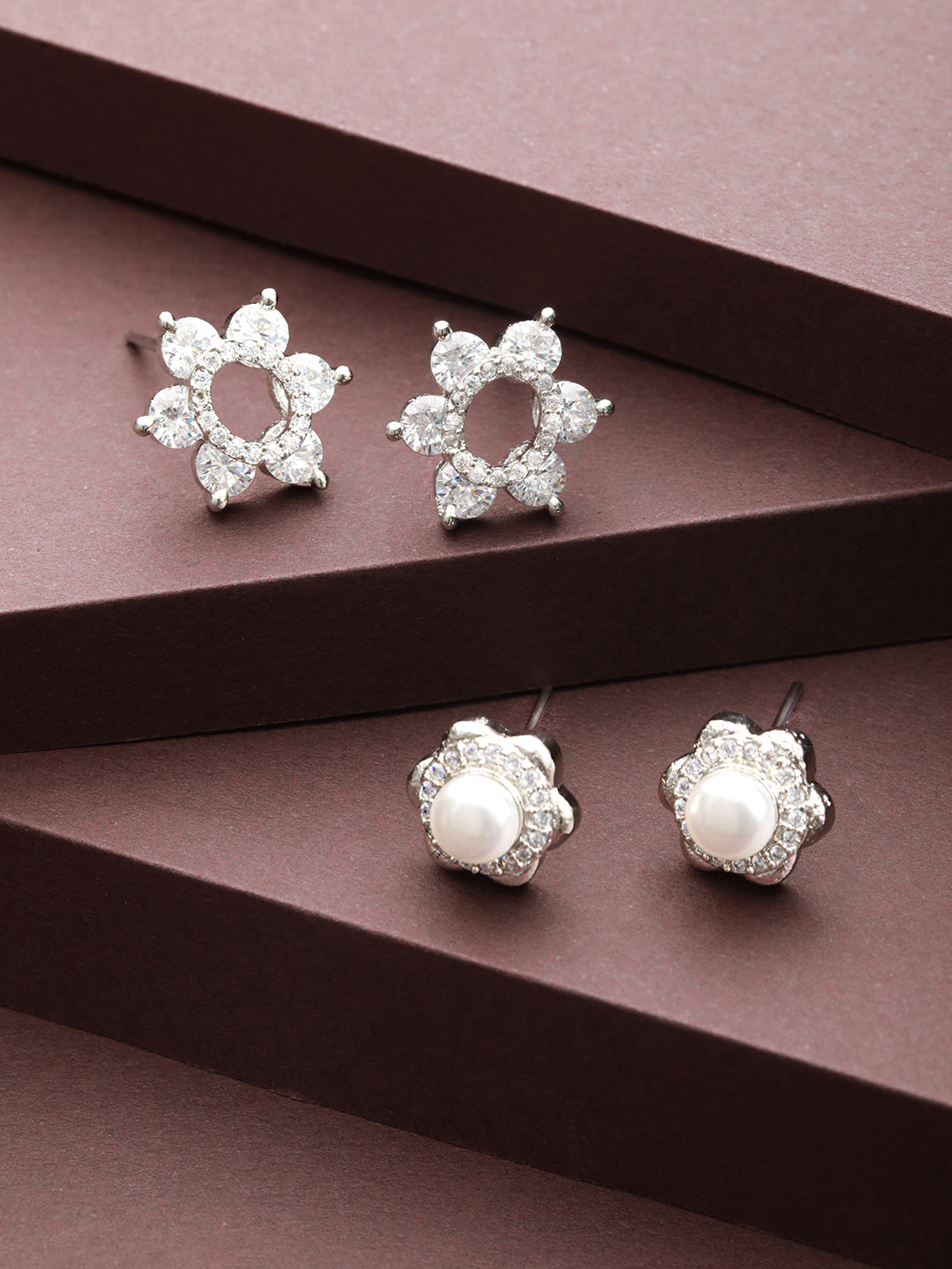 Priyaasi Flower Pearl American Diamond Silver-Plated Stud Earrings Set