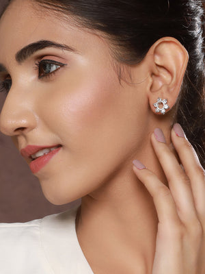 Priyaasi Flower Pearl American Diamond Silver-Plated Stud Earrings Set