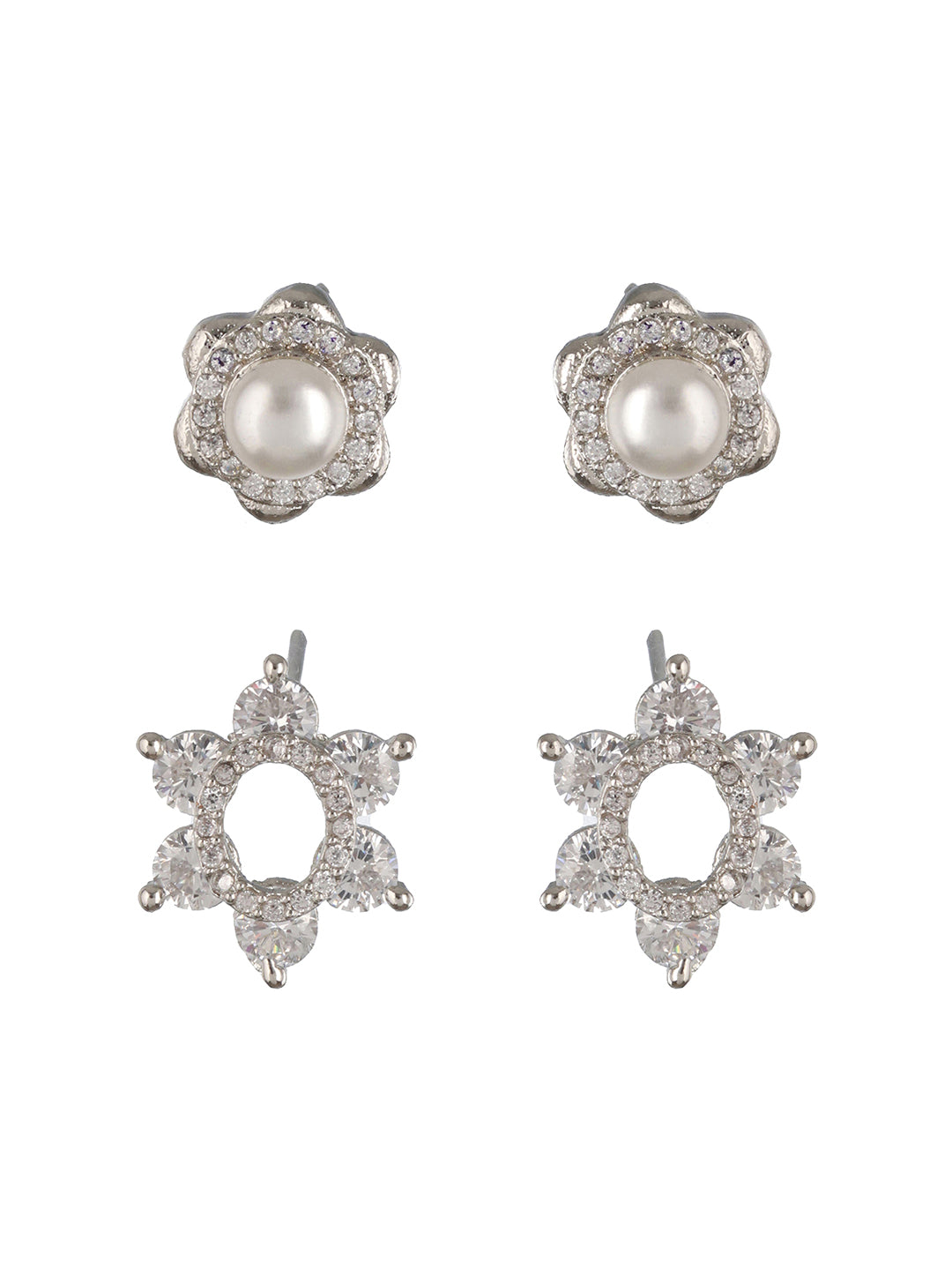 Priyaasi Flower Pearl American Diamond Silver-Plated Stud Earrings Set