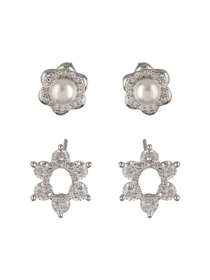 Priyaasi Flower Pearl American Diamond Silver-Plated Stud Earrings Set