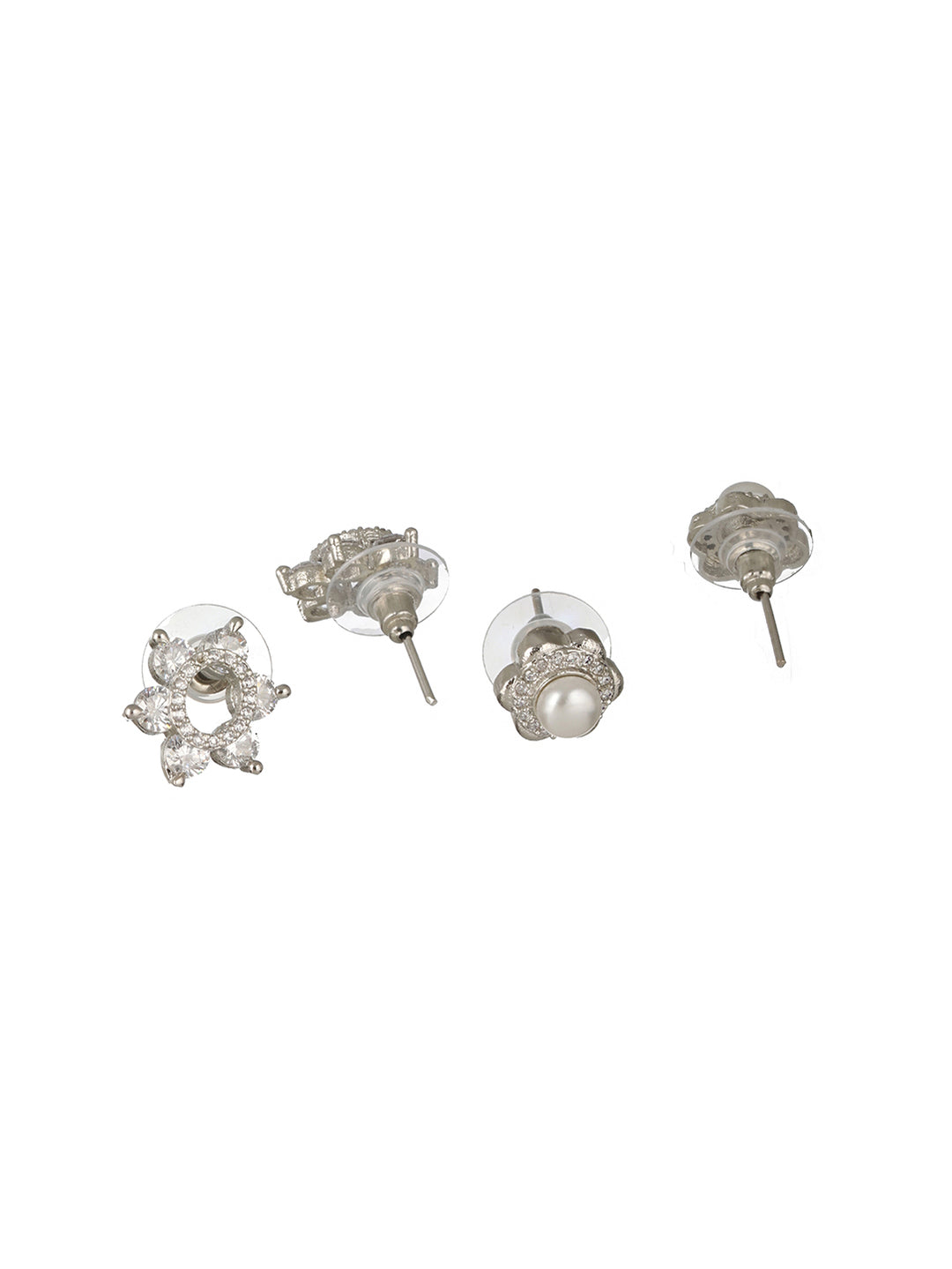 Priyaasi Flower Pearl American Diamond Silver-Plated Stud Earrings Set