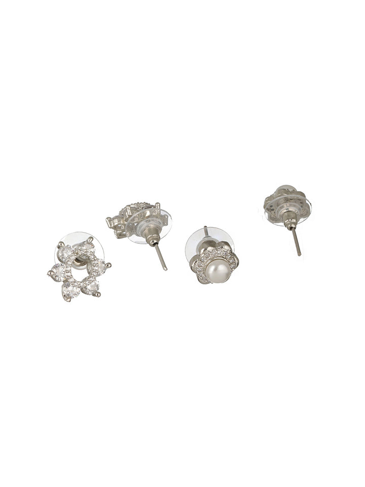 Priyaasi Flower Pearl American Diamond Silver-Plated Stud Earrings Set