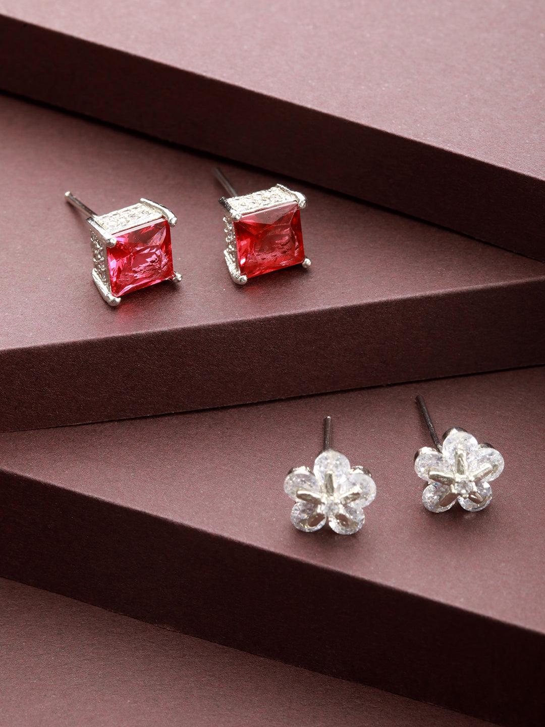Priyaasi Red Floral Block American Diamond Silver-Plated Stud Earrings Set