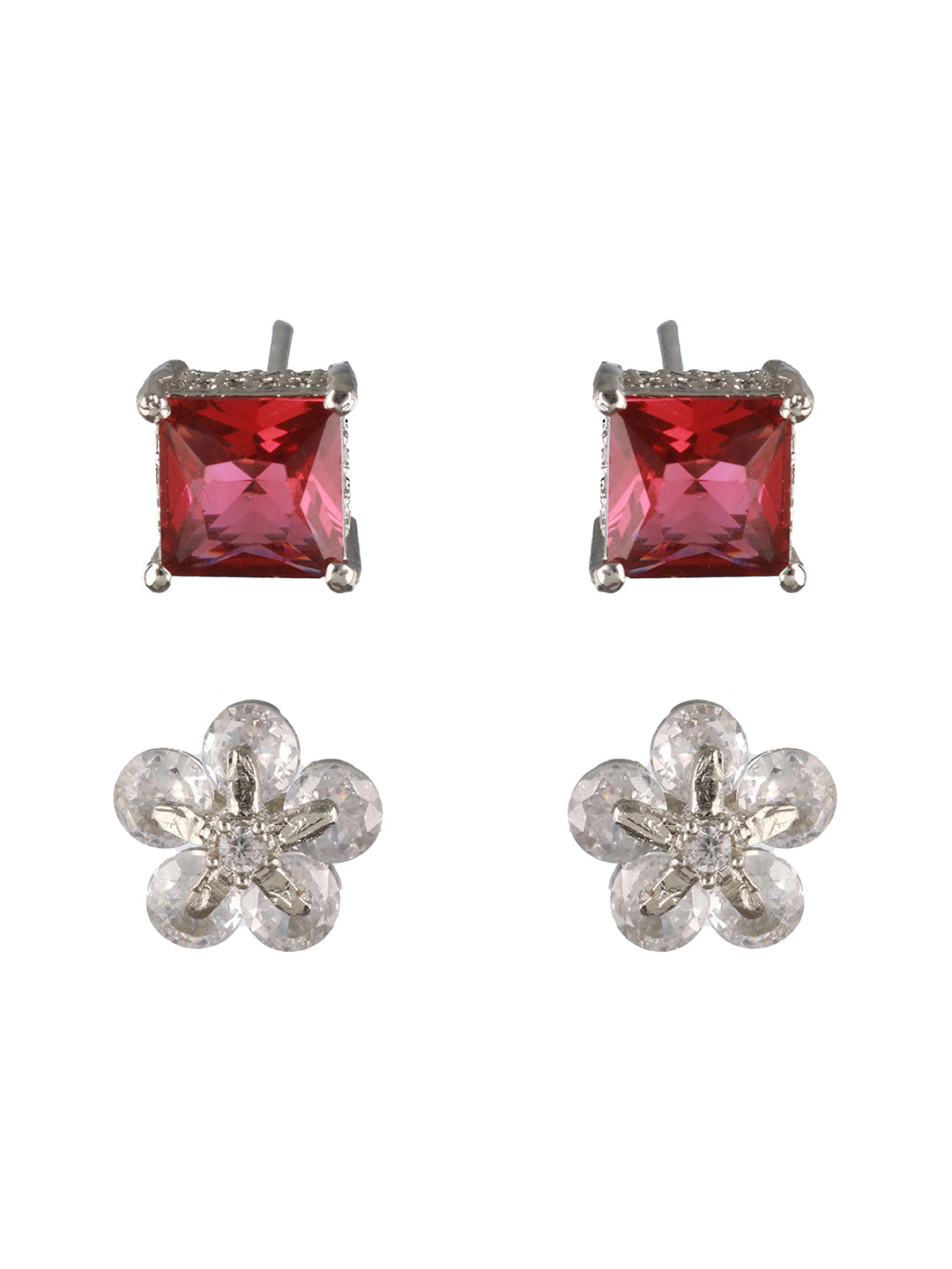 Priyaasi Red Floral Block American Diamond Silver-Plated Stud Earrings Set