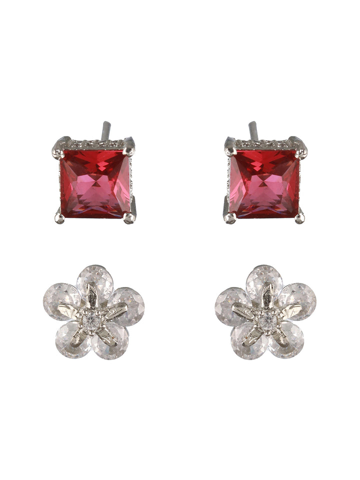 Priyaasi Red Floral Block American Diamond Silver-Plated Stud Earrings Set