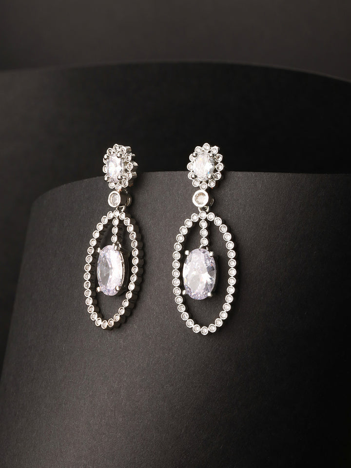 Priyaasi White Floral Oval Stone Studded Silver-Plated Drop Earrings