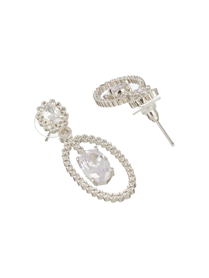 Priyaasi White Floral Oval Stone Studded Silver-Plated Drop Earrings