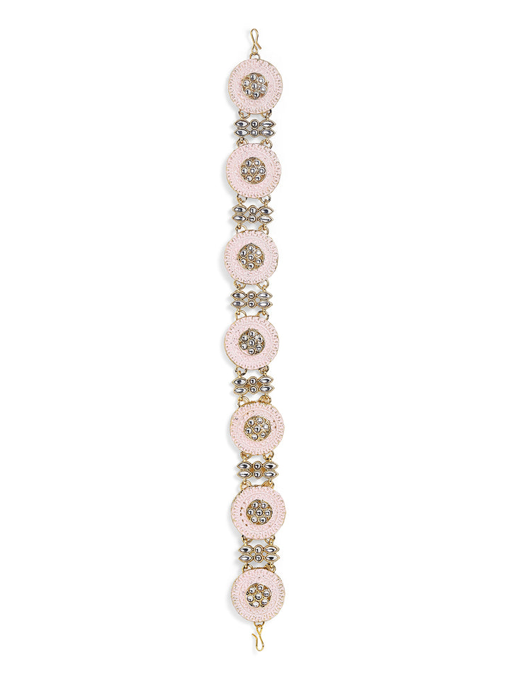 Pastel Pink Geometric Pattern Kundan Studded Gold Plated Matha Patti