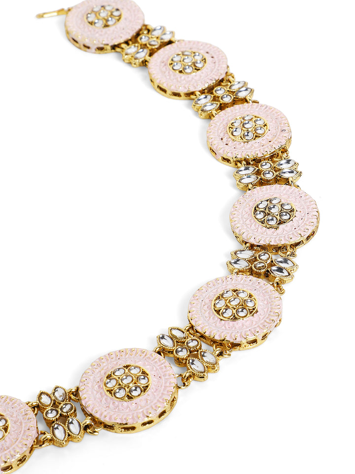 Pastel Pink Geometric Pattern Kundan Studded Gold Plated Matha Patti