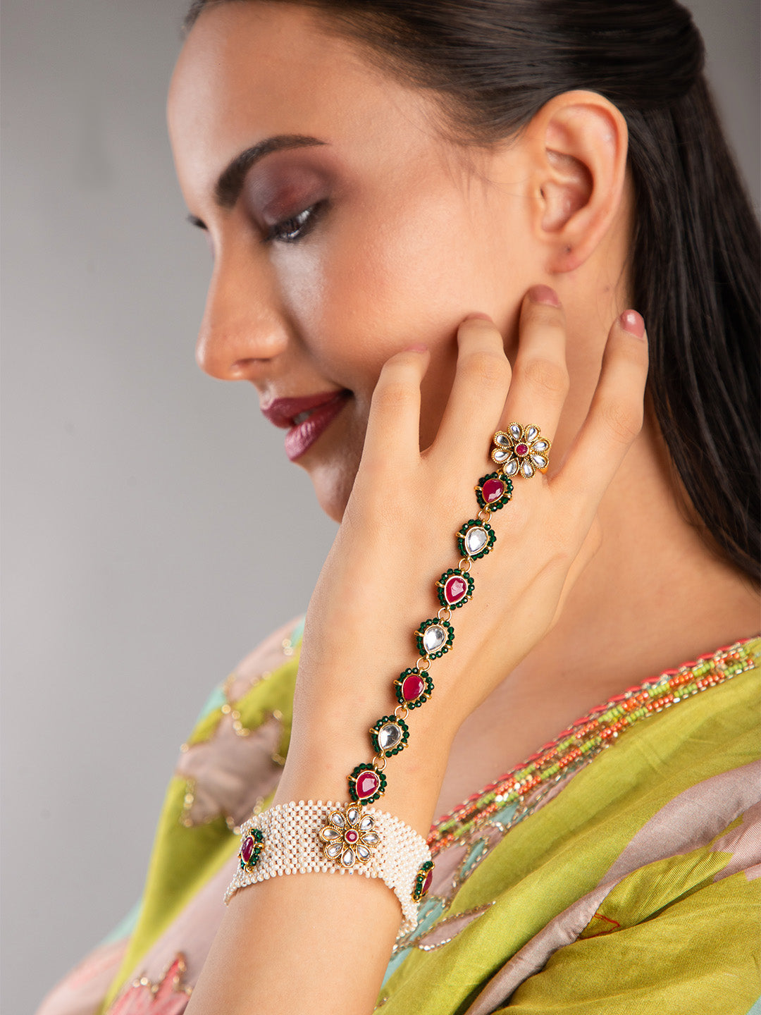Priyaasi Gold Plated Floral Kundan Haathphool