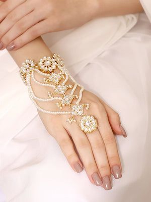 Priyaasi White Pearls and Floral Kundan Hathphool