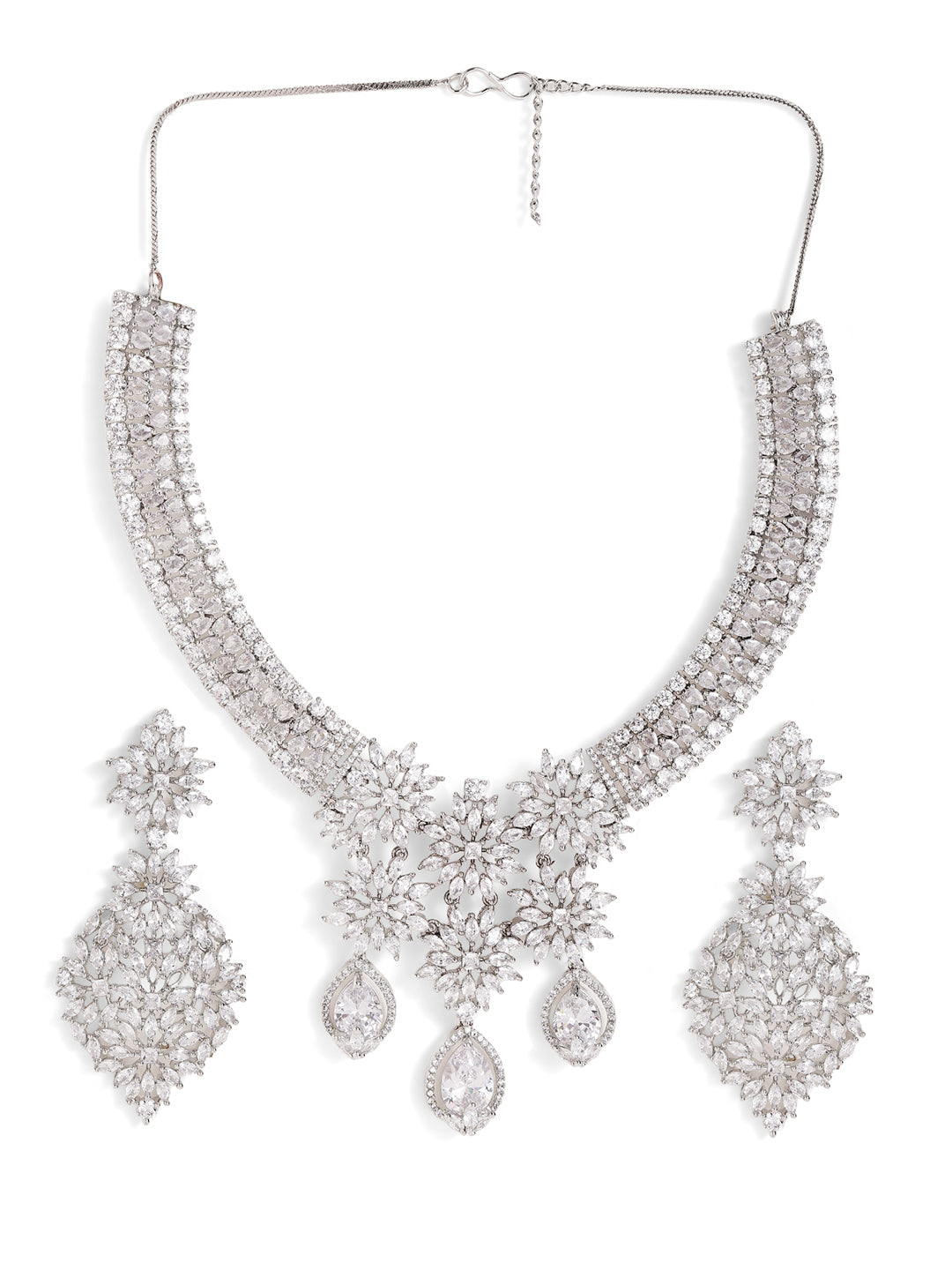 Elegant Floral Pattern American Diamond Silver Plated Fancy Jewellery Set