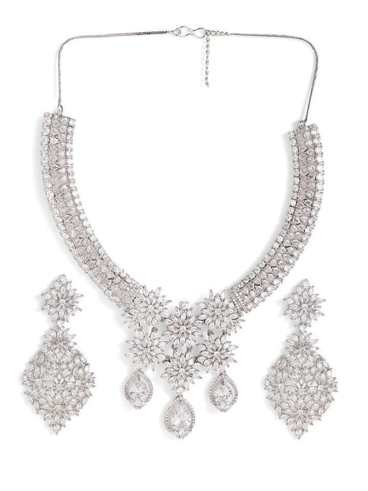 Elegant Floral Pattern American Diamond Silver Plated Fancy Jewellery Set