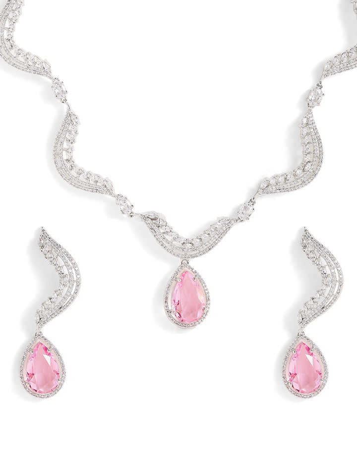 Pink Stoned Statement American Diamond Silver Plated Drop Earrings Jewellery Set