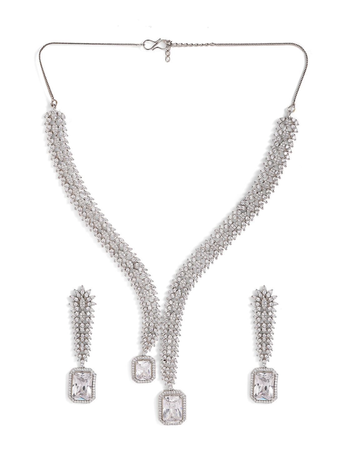 Silver Plated American Diamond Statement Elegance Necklace Drop Earrings Jewellery Set