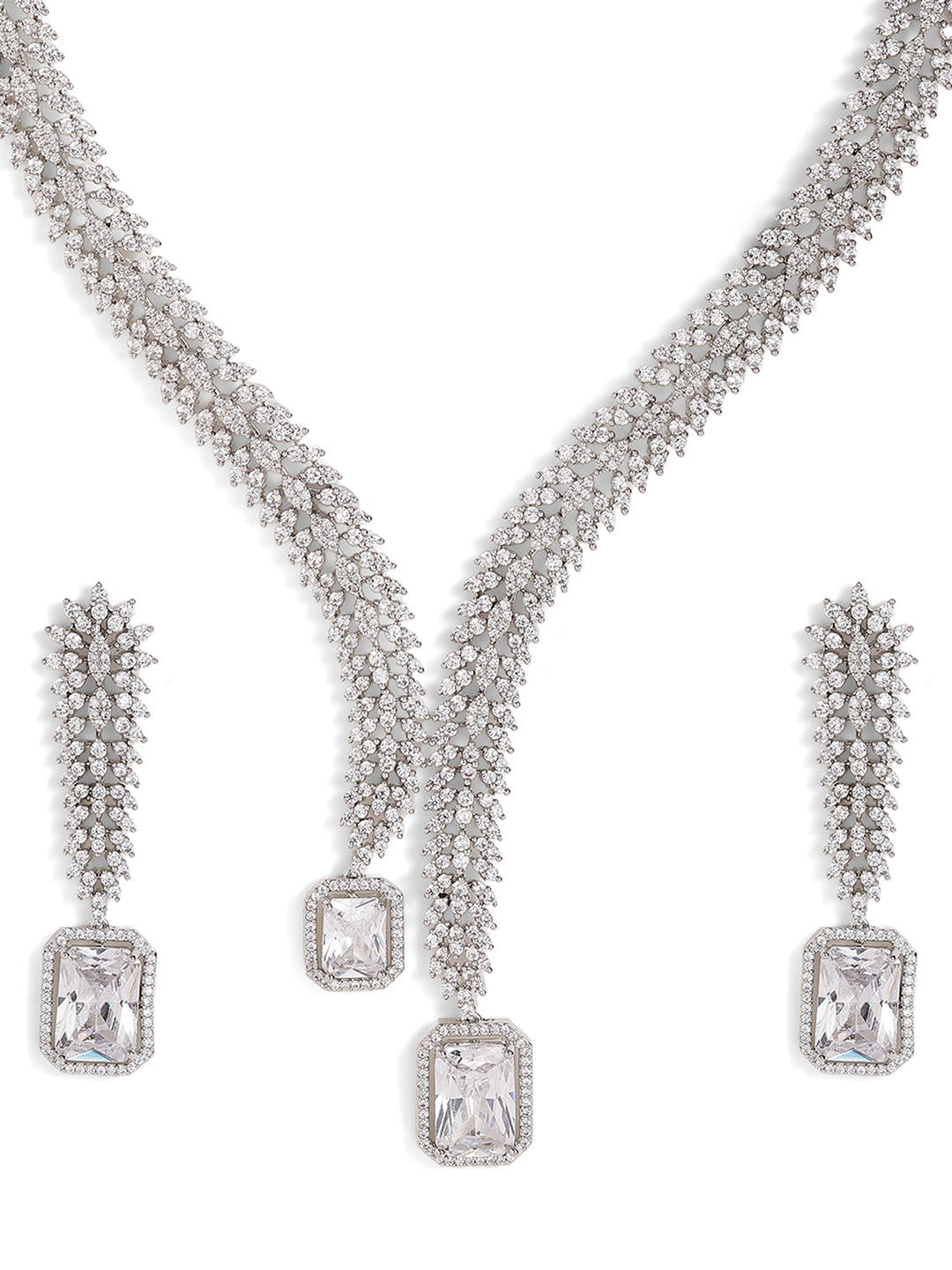 Silver Plated American Diamond Statement Elegance Necklace Drop Earrings Jewellery Set