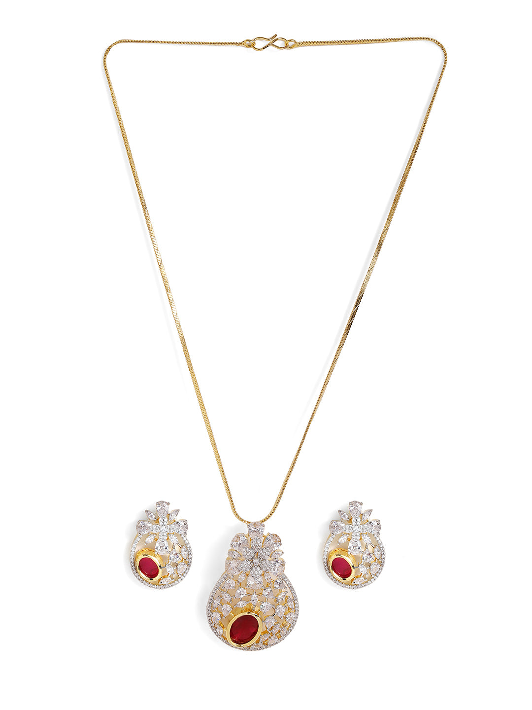 Red Stoned Floral Pattern American Diamond Pendant Stud Earrings Jewellery Set