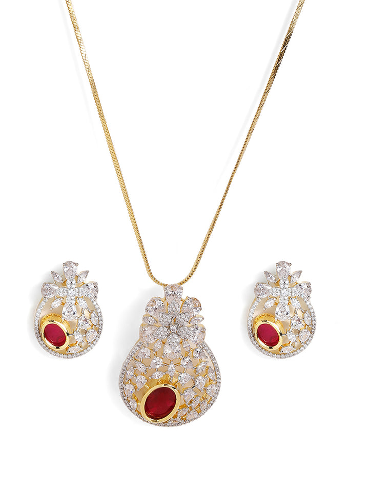 Red Stoned Floral Pattern American Diamond Pendant Stud Earrings Jewellery Set