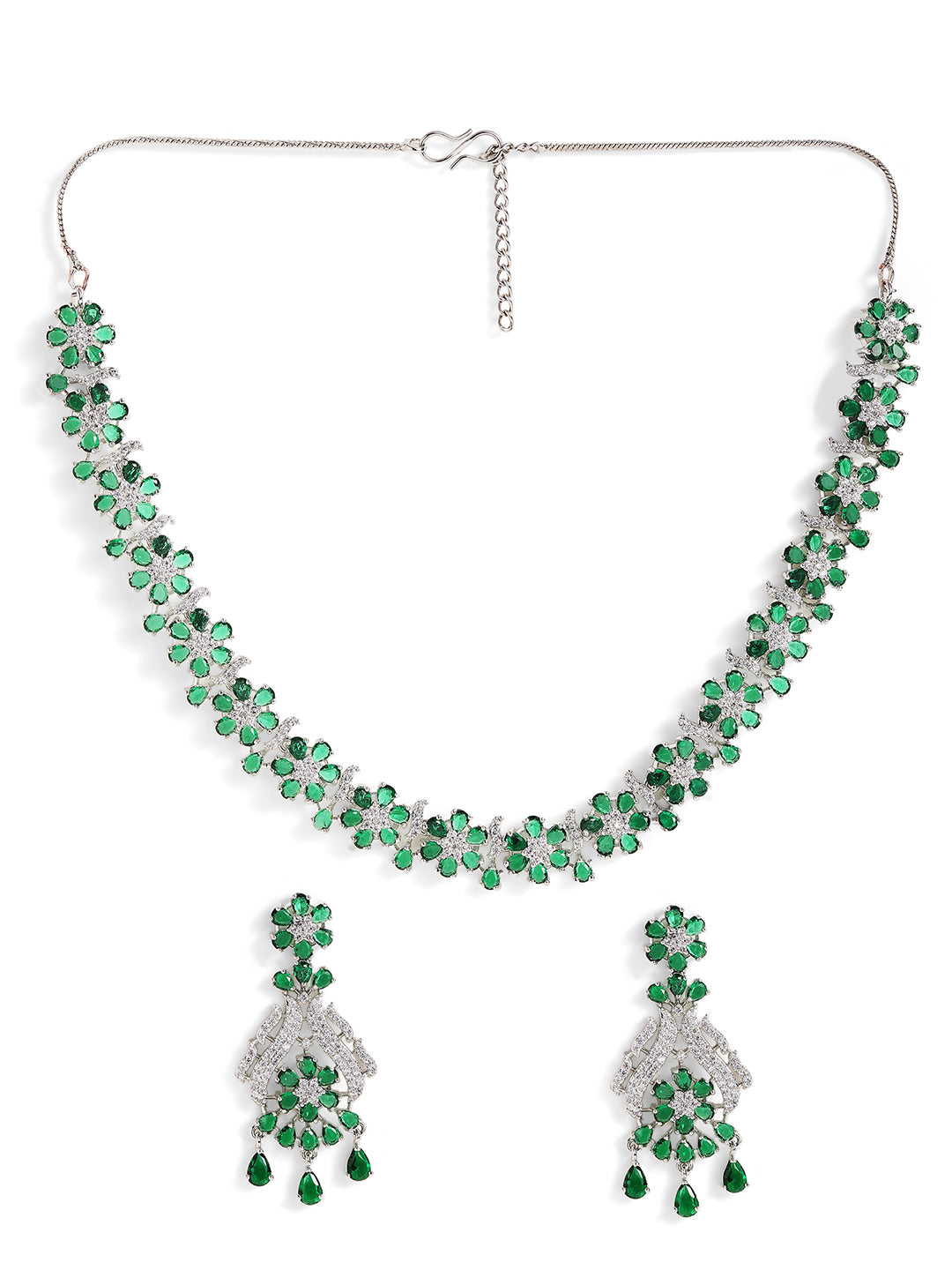 Green Stoned American Diamond Silver Plated Floral Style Necklace Drop Earrings Jewellery Set