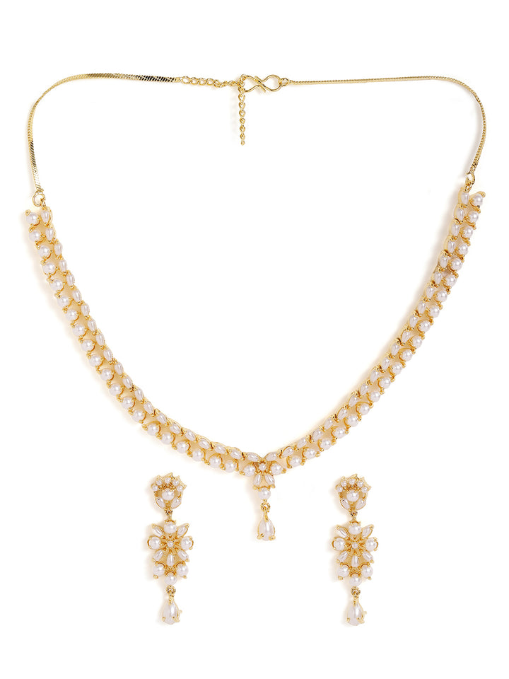 Floral Pearl Stoned Gold Plated Necklace Drop Earrings Jewellery Set