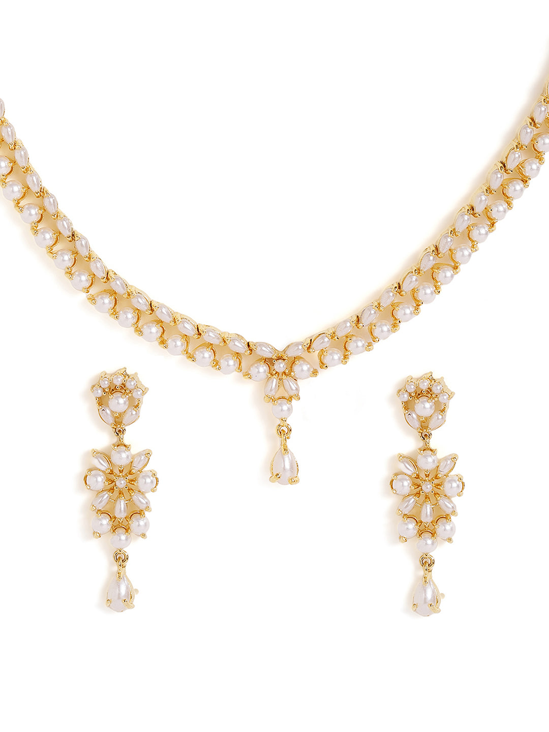 Floral Pearl Stoned Gold Plated Necklace Drop Earrings Jewellery Set